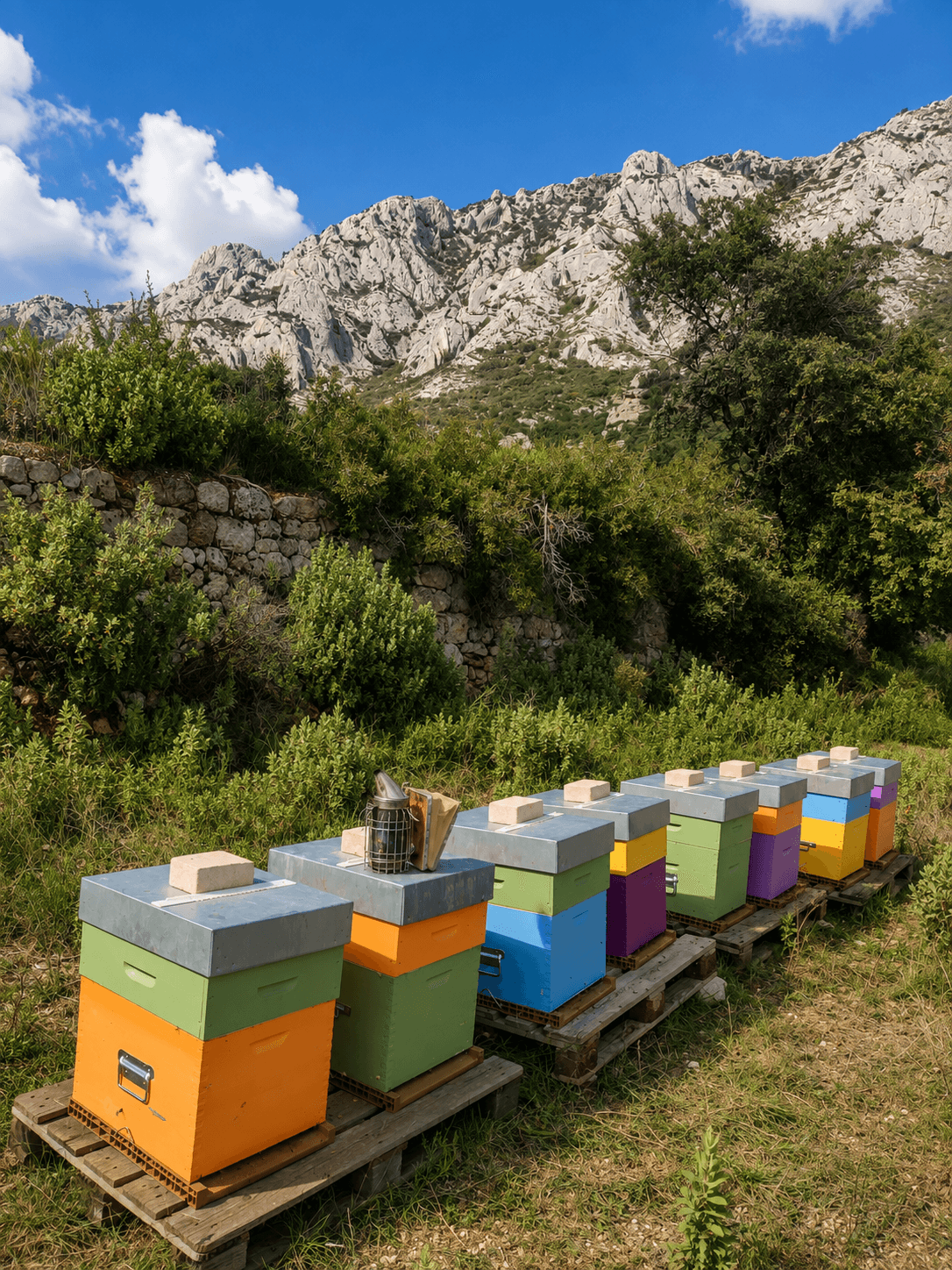 Ruches alignées devant le massif de la Sainte-Baume