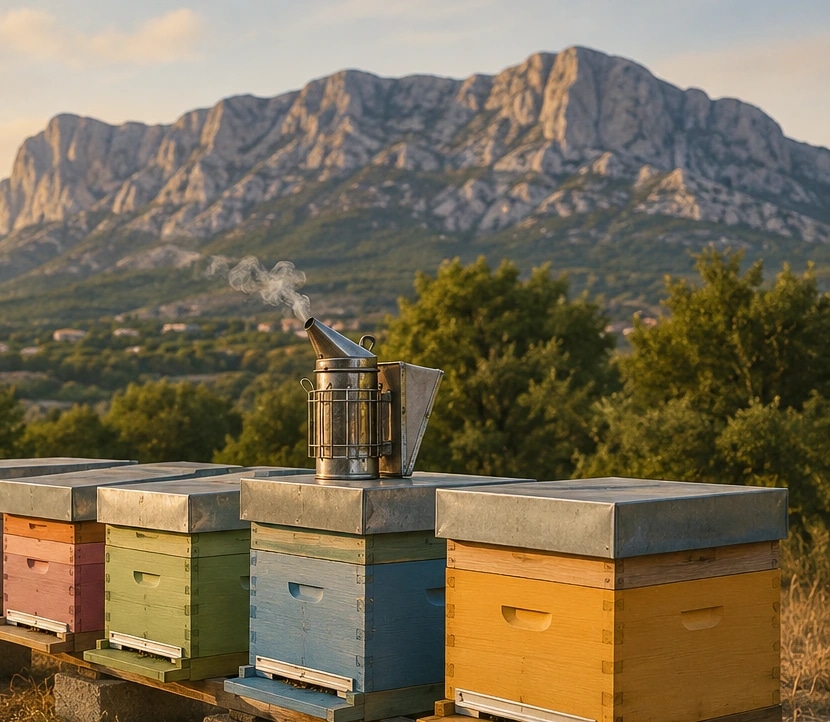 Ruches colorées et enfumoir face à la Sainte-Victoire